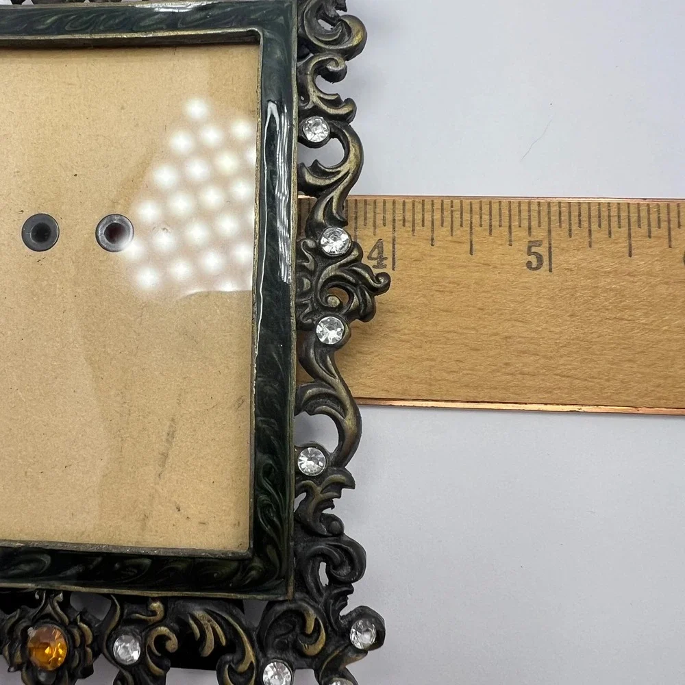 Ornate Bejeweled Frame Bronze Color 3.25 x 2.25 Vintage Green Enamel Baroque